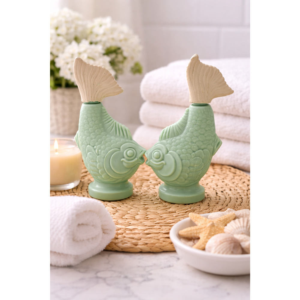 Set of 2 Avon Jadeite Koi Fish Bottles Set Green Glass 1970s Vintage Decor